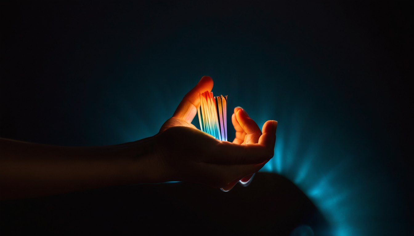 Hands cradling small glass rods glowing in the seven spectral colours, in soft darkness