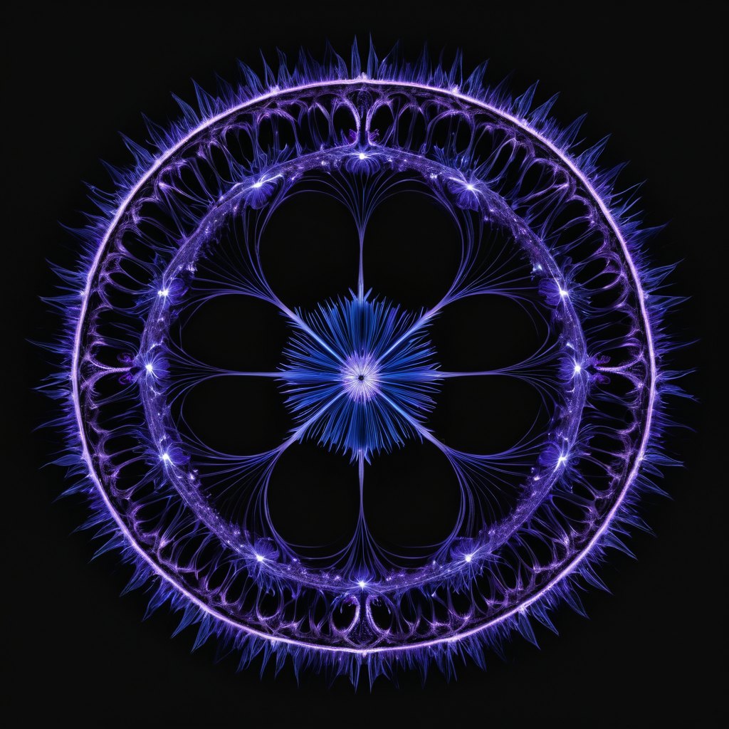 A luminous corona of fine blue-violet filaments radiating outward on black