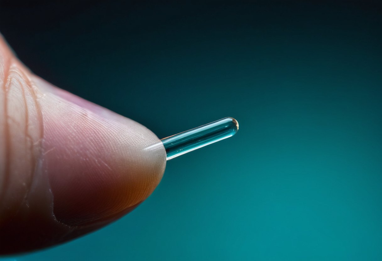 A fingertip touched gently by the rounded tip of a small glowing glass rod